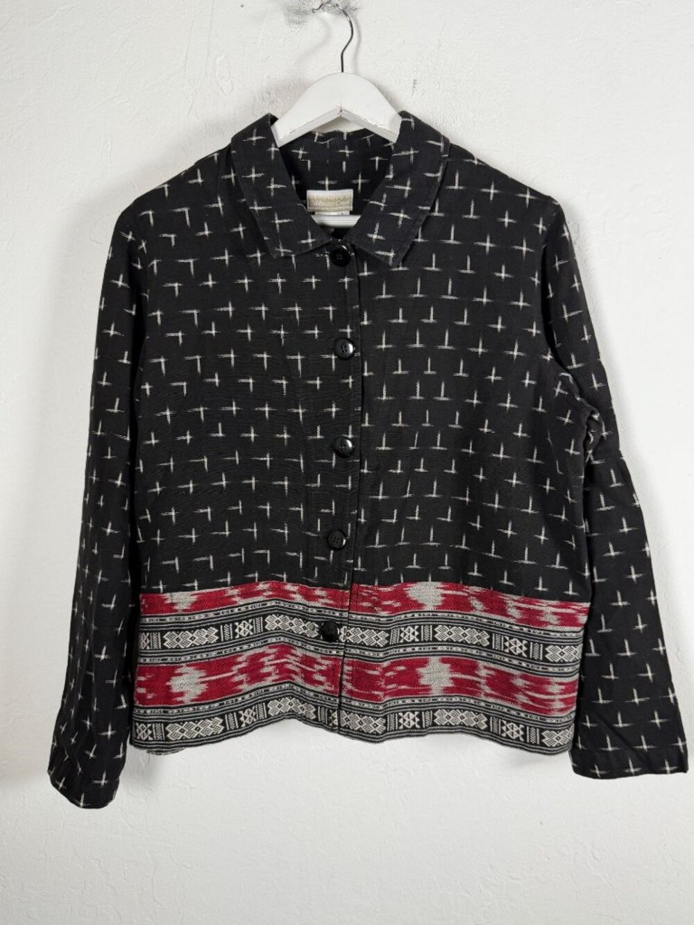 Coldwater Creek Black Ikat Print Button-Up Jacket Southwestern Cotton Large